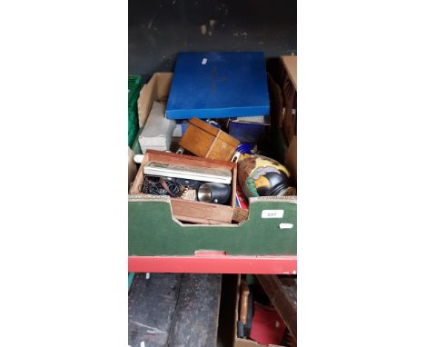 A box of miscellaneous to include Royal Worcester plate, a student microscope, Royal memorabilia, Swiss army knife, etc. 