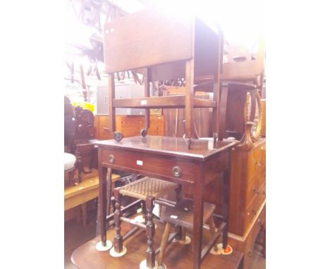 Various items of furniture; An Edwardian mahogany side table, an oak two tier trolley, two vintage stools and a set of vintag