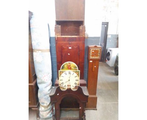 A Georgian mahogany longcase clock with enamelled dial (as found), together with a 1930s walnut cased Granddaughter clock. 