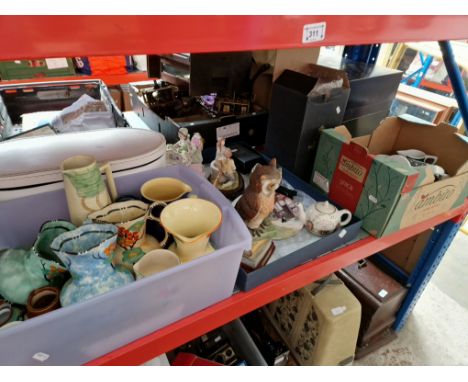 A box of Art Deco style jugs, various Oriental ware, a tray of ornaments to include an owl, a Preston Guild small teapot, a b