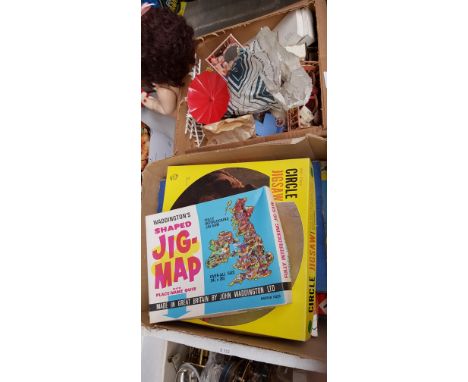 A box of games and a box of dolls house furniture, a vintage bagatelle, etc. 