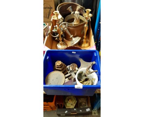 Two boxes of metal-ware to include copper coal scuttle, candlesticks, weighing scales, etc. 