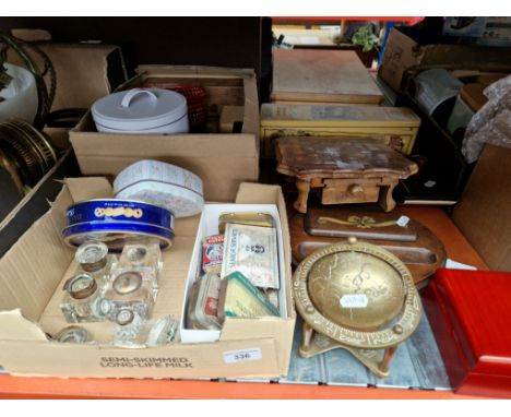 A mixed lot of collectables including inkwells, desk stand, wooden boxes, brass globe, wooden chess set, etc. 