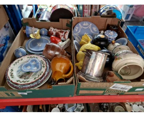 Two boxes of mixed pottery and collectables including Wedgwood jasperware, crown green bowls, Goebel figures, etc. 