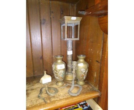 A Chinese brass lamp base, pair of Eastern brass vases and a pair of Indian brass snakes. 