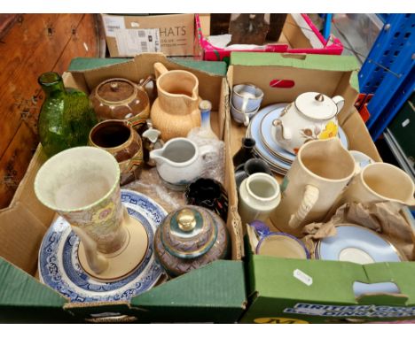 Two boxes of mixed ceramics including silver topped vase, Tuscan pottery vase, Doulton part tea set, Kensington pottery jug, 