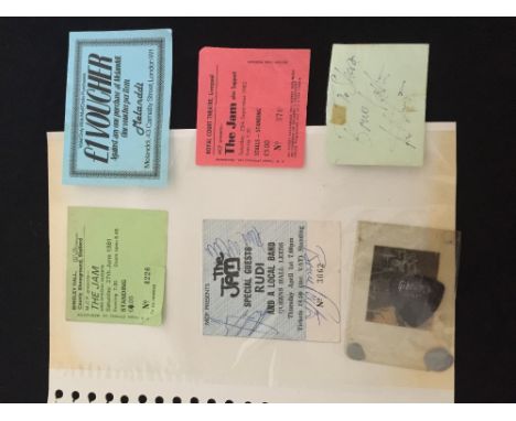 THE JAM TICKETS AND A USED PLECTRUM - a ticket for the Queens Hall Leeds 1982 gig signed by Paul Weller, Bruce Foxton and Ric