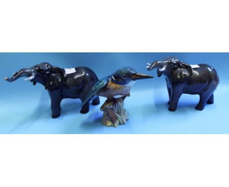 A Beswick Elephant, trunk stretching, small, 974, another, and a Kingfisher, 2371, all gloss (3)