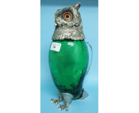 A novelty green glass decanter, in the form of an owl, with plated mounts, 29 cm high
