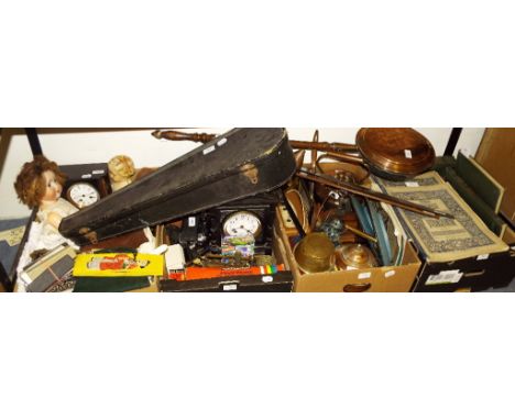 A slate mantel clock, another mantel clock, two copper kettles, a pair of cloisonné plates, a copper warming pan, pictures, i