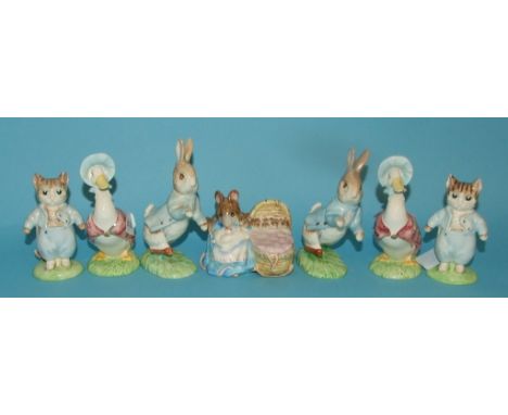 Six Beswick Beatrix Potter gold edition figures, Peter Rabbit (2), Jemima Puddle-duck (2), Tom Kitten (2), all BP-9b, another