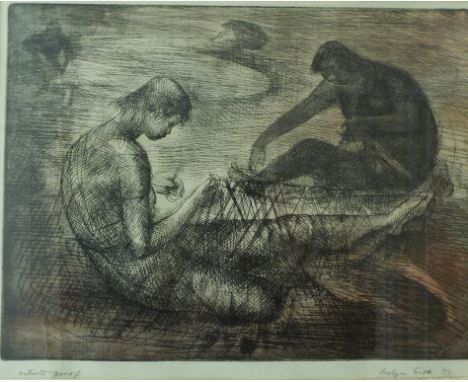 An Evelyn Gibbs artist's proof etching, mending the nets, signed and dated '57 and inscribed artist proof, and another Evelyn