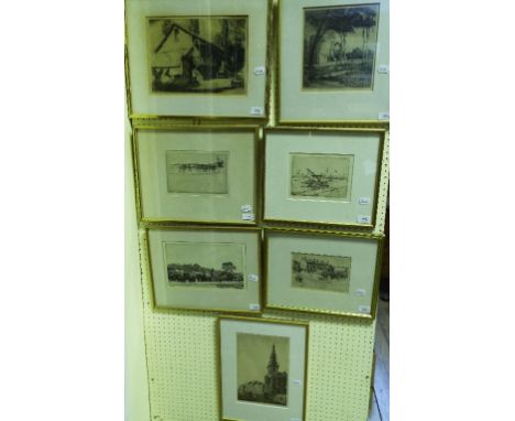 A Martin Hardie artist's proof etching, the plough, signed, and six other etchings (7)