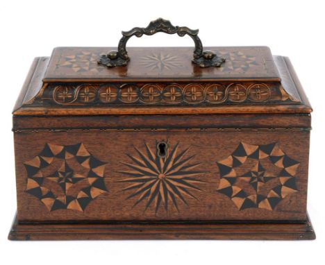 A late 18th/early 19th century mahogany tea caddy, with inlaid decoration and secret caddy spoon drawer, 25 cm wide  See illu