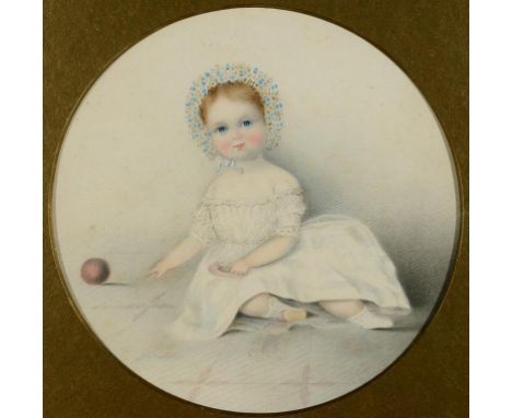 A 19th century miniature, of a child playing with a ball, 12 cm diameter, in a bird's eye maple box frame, 19 cm wide  See il