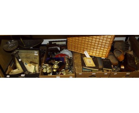 A silver plated Corinthian column oil lamp base, a early 19th century sampler, a brass coal scuttle, assorted volumes and oth