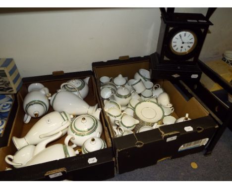 A Wedgwood Jade pattern part tea and coffee service, and a black slate mantel clock (qty)