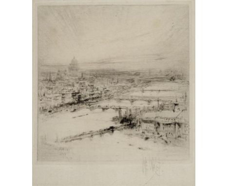 A William Walcot artist's proof etching, The Thames with St Pauls in the distance, signed, another by the same, RIBA building