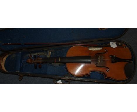 A violin, with a 13¼ inch two piece back, bears Antonius Stradivarius label, with bow, cased, and a Lark trumpet, M4015, case