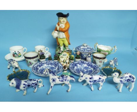 A pair of Samson porcelain beakers, decorated flowers, 7 cm high, a Zsolnay style bell, and other ceramics (a.f.) (box)