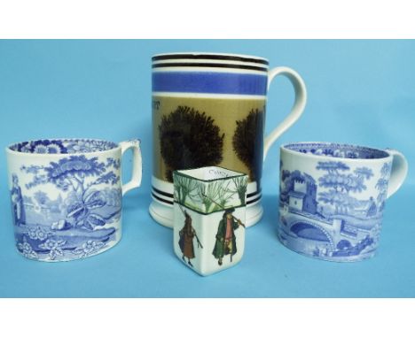 A Mochaware quart mug, 15 cm high, a Spode Girl at the Well pattern mug, a Copeland Tower pattern mug, and a Royal Doulton An