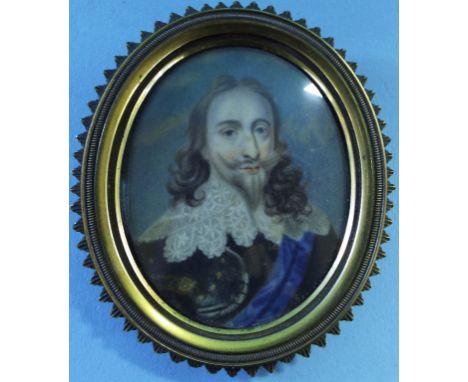 A 17th century style oval bust portrait miniature of Charles I, 5.5 x 4.5 cm