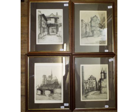An M E Martin etching, Notre Dame, Paris, three others, and assorted floral silk works (7)