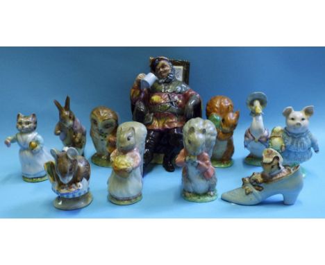 Ten Beswick Beatrix Potter figures, including Tabitha Twitchett, all BP-3b, a tree stump display stand, and a Royal Doulton f