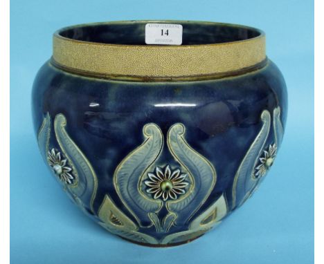 A Doulton Lambeth stoneware jardiniere, decorated stylised flowers and foliage, the base incised with Frank Butler monogram a