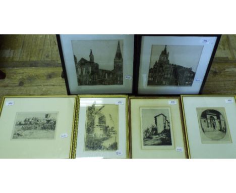A Frank Newbolt artist's proof etching, Venice, signed, and eleven other etchings and pictures (12)