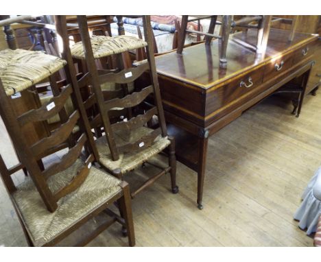 Four ladder back chairs, two dining chairs, a chest of drawers, a wardrobe, and a side table (adapted from a square cased pia