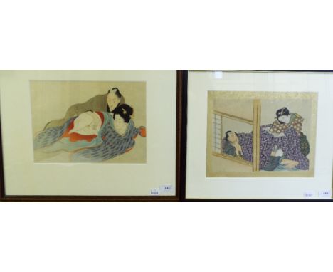 A Japanese Shunga erotic print, of a couple in an interior, and another (2)