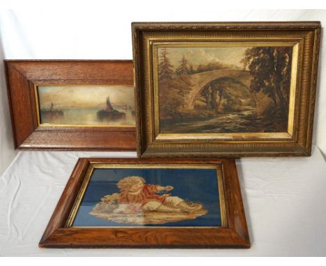 VICTORIAN TAPESTRY PICTUREof a child, under glass and set in rosewood frame with gilt slip, total size 42cm high x 52.5cm wid