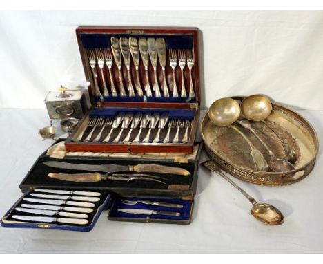 MIXED LOT OF SILVER PLATEincluding a cased set of twelve fish knives and forks, a square lidded tea canister, pair of serving