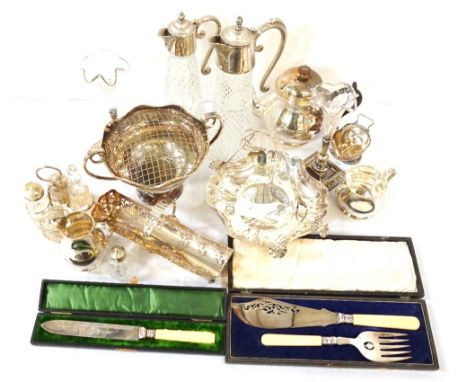 COLLECTION OF SILVER PLATED WARESincluding an Edwardian pair of solifleur with frilly rim glass tubes sitting in decorative s