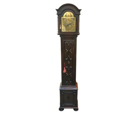 1920's OAK CASED GRANDMOTHER CLOCKthe domed hood with barley twist pillar detail, brass face with Roman numerals, 'Junghans' 
