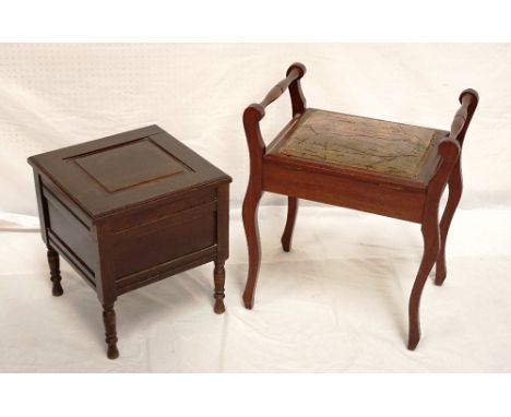 EDWARDIAN STAINED PINE COMMODEwith a panelled lift up lid revealing the circular pot, standing on turned supports; together w