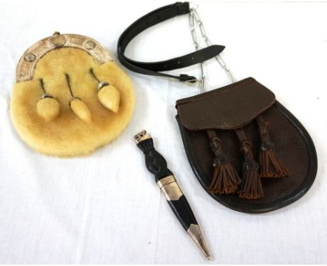 SEAL SKIN SPORRANwith a decorative cantle and three tassels, a leather sporran with three tassels and a silver mounted Skean 