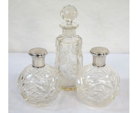 MOSER GLASS BOTTLE with deep intaglio cut scrolling flowers, with stopper, 18.8cm high; together with a pair of cut glass sce