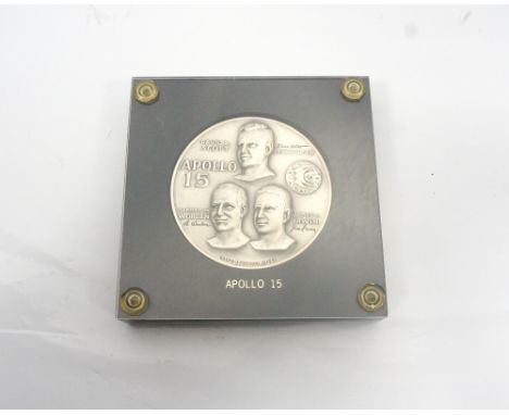 APOLLO 15 SILVER COMMEMORATIVE MEDALLIONdecorated in relief with David R Scott, Alfred M Worden and James B Irwin and the mis
