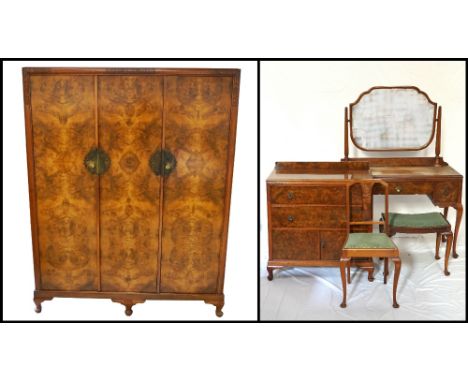 1930's WALNUT BEDROOM SUITEcomprising a large triple door wardrobe, with double doors opening to reveal a shelved compartment