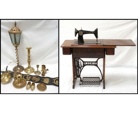 SINGER TREADLE SEWING MACHINEcontained in a walnut case, model Y7522154; and a selection of brass ware, including two sets of