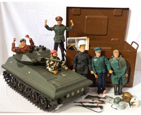 SIX ACTION MAN FIGUREScirca 1960/70's, some with gripping hands and a talking example, with accessories including a tracked t