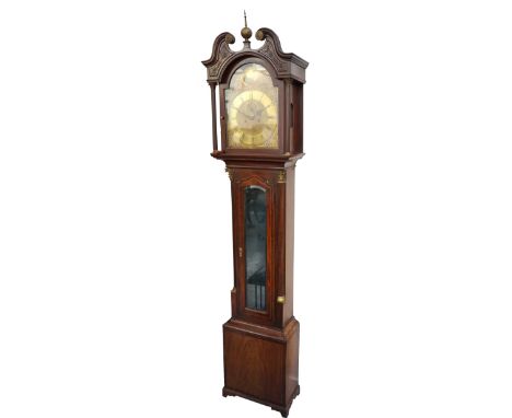 19th CENTURY MAHOGANY LONGCASE EIGHT DAY CLOCKthe carved hood with a broken swan neck pediment and central brass finial above