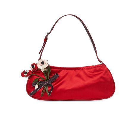 PRADA VINTAGE RED FLOWER MINI BAGCondition grade A-.28cm long, 11cm high. Adjustable strap drop. Red toned satin bag with bro