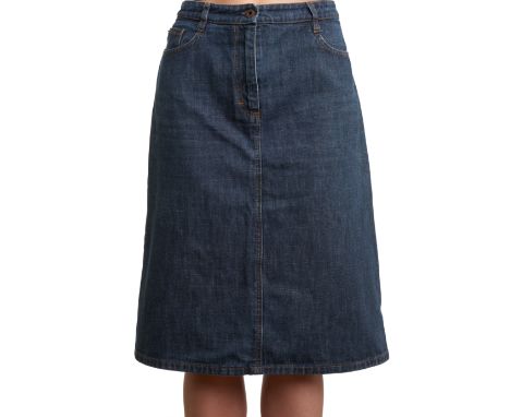 PRADA DENIM MIDI SKIRTCondition grade B-.Size Italian 42. 80cm waist, 53cm length. Blue toned denim midi skirt with back slit
