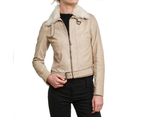 PRADA BEIGE FUR LEATHER JACKETCondition grade B+.Size Italian 42. 80cm chest, 50cm length. Beige toned leather jacket with sh