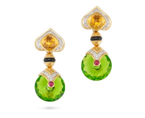 A PAIR OF DIAMOND, RUBY, ONYX AND GLASS DROP EARRINGS in 18ct yellow gold, each set with a fancy cut citrine in a border of r