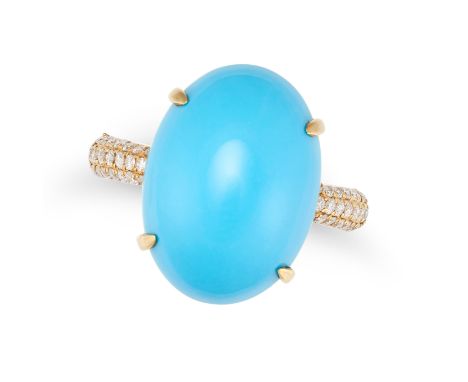 A TURQUOISE AND DIAMOND RING in 18ct yellow gold, set with a cabochon turquoise, the shoulders pave set with round brilliant 