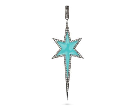 NO RESERVE - A DIAMOND AND ENAMEL STAR PENDANT in silver, designed as a star relived in turquoise blue enamel, accented by ro